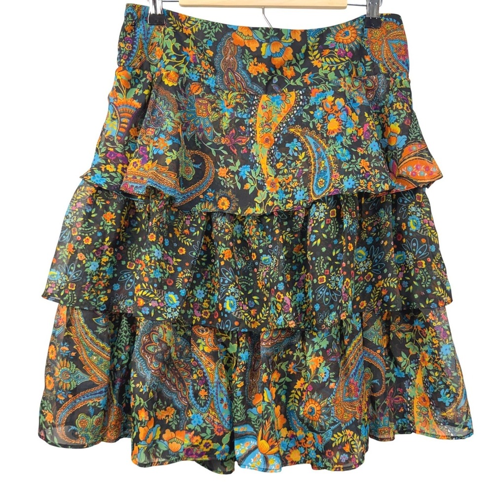 Chelsea & Theodore Womens Floral Paisley Tiered Ruffle Mini Skirt Black Size 10